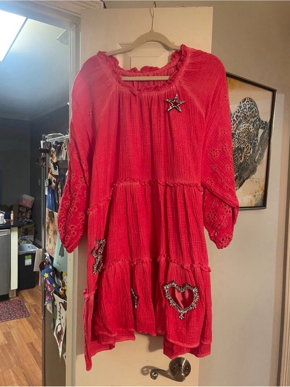 A Rare Bird Red Embroidered Tiered Mini Dress with Decorative Patches